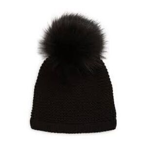 Kyi Kyi Womens Wool Blend Faux Fur Pom-Pom Icon Beanie Hat Black One Size NWT